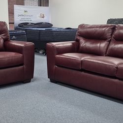 Rich Wine Color Leather Sofa And Loveseat! 