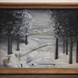 Vintage 1960s Mid-Century Winter Landscape Painting Deer Snow Scene Wood Frame 18x24