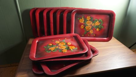 Set of 12 Vintage 1950s Metal TV Lap Serving Trays - Yellow Roses Litho