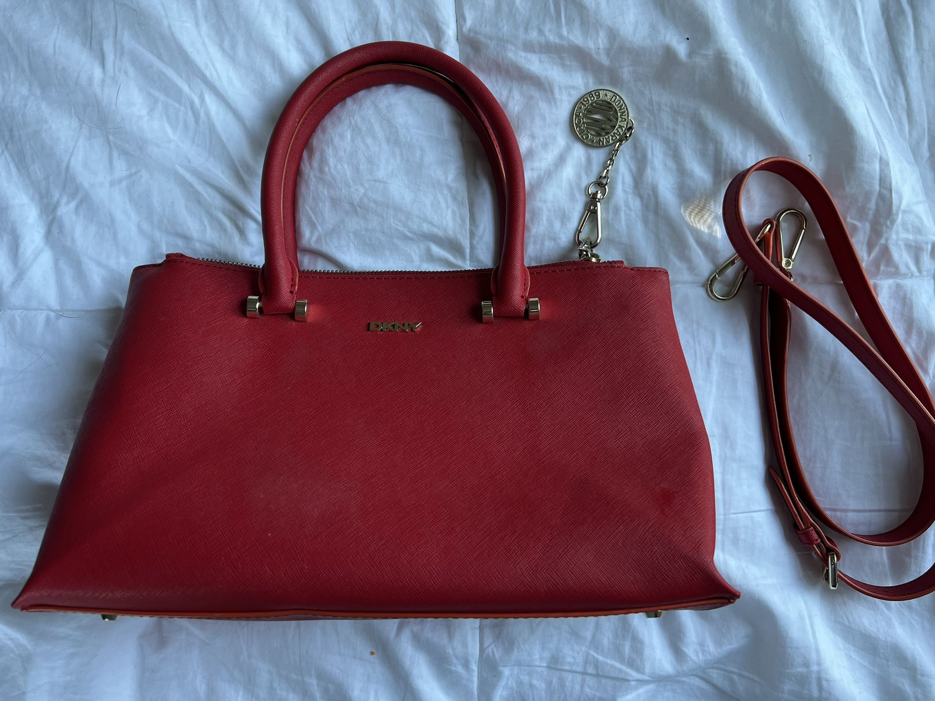 Dkny Purse Red Saffiano Leather Double Zip Tote