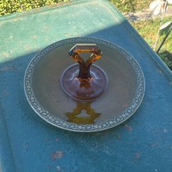 Lovely Midcentury Amber Depression Glass Snack Tray Embossed Around Outer Rim $15