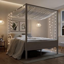 Queen Size Metal Canopy Bed Frame, Heavy-Duty Support, White Modern Four-Poster Platform Bed, Under-Bed Storage, EVA Noise Sponge, Mattress Foundation