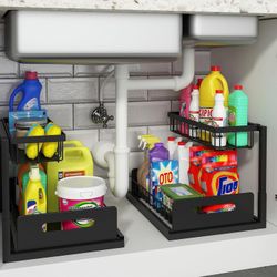 New Under Sink Organizer, Pull Out Cabinet Organizer Slide Out Sink Shelf Cabinet Storage Shelves, Storages for Kitchen Bathroom, Black, 2 Pack