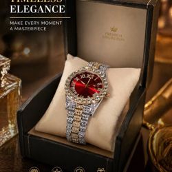 Luxury Diamond-Style Red Dial Watch – Gold & Silver Finish