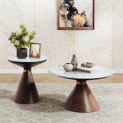  COCKTAIL TABLE +   AND END TABLE SET HOUR GLASS  PEDESTAL BASE W METAL&OAK  W SINTERED STONE TABLE TOP  