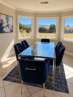 Gold Accent Glass Table + 6 Blue Felt Gold Accent Chairs