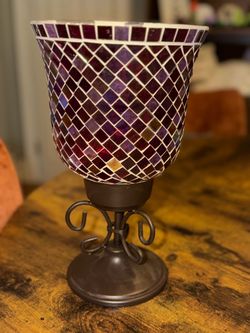 Pink Mosaic Glass Candle Holder with Metal Stand