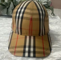 Authentic Burberry Beige Check Baseball Cap with Black Leather Strap Size Small- Excellent