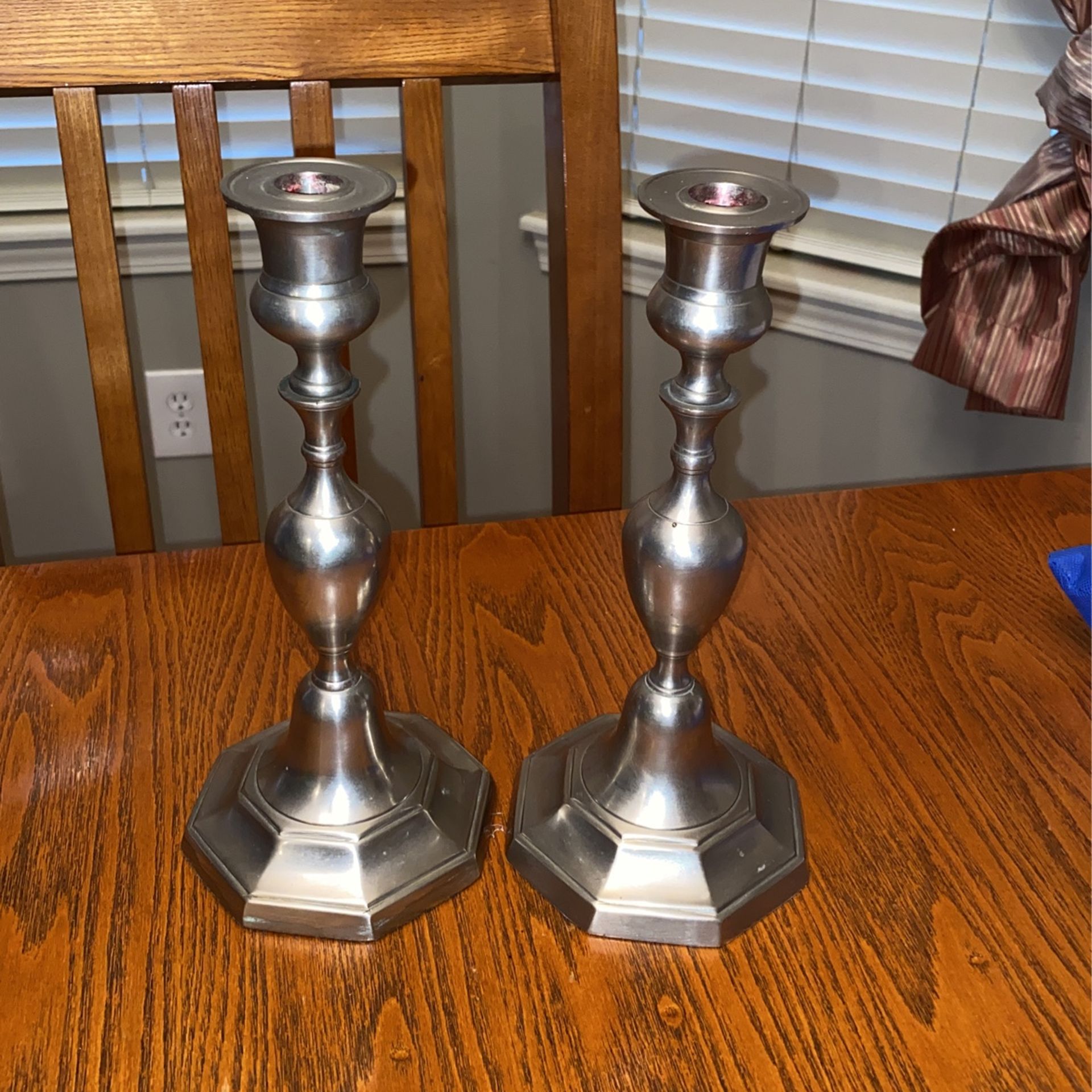Two 10 Inch Pewter Pillar Candle Holders