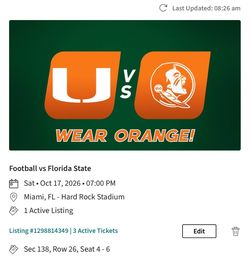 3 tickets Miami Hurricanes vs FSU 10/17