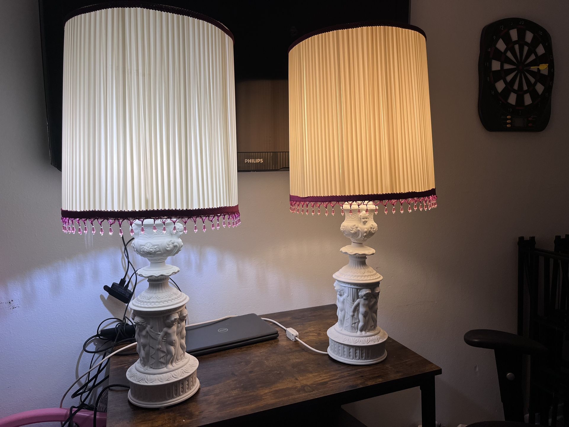 Pair Vintage Cherub Porcelain Lamp
