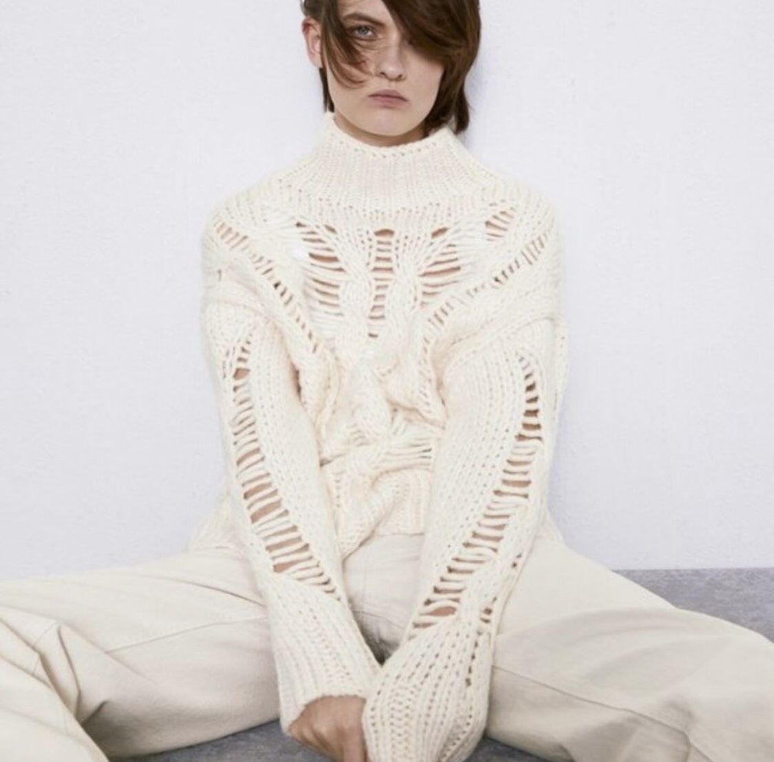 Zara open cable knit sweater turtleneck cream womens long sleeve NWT NEW