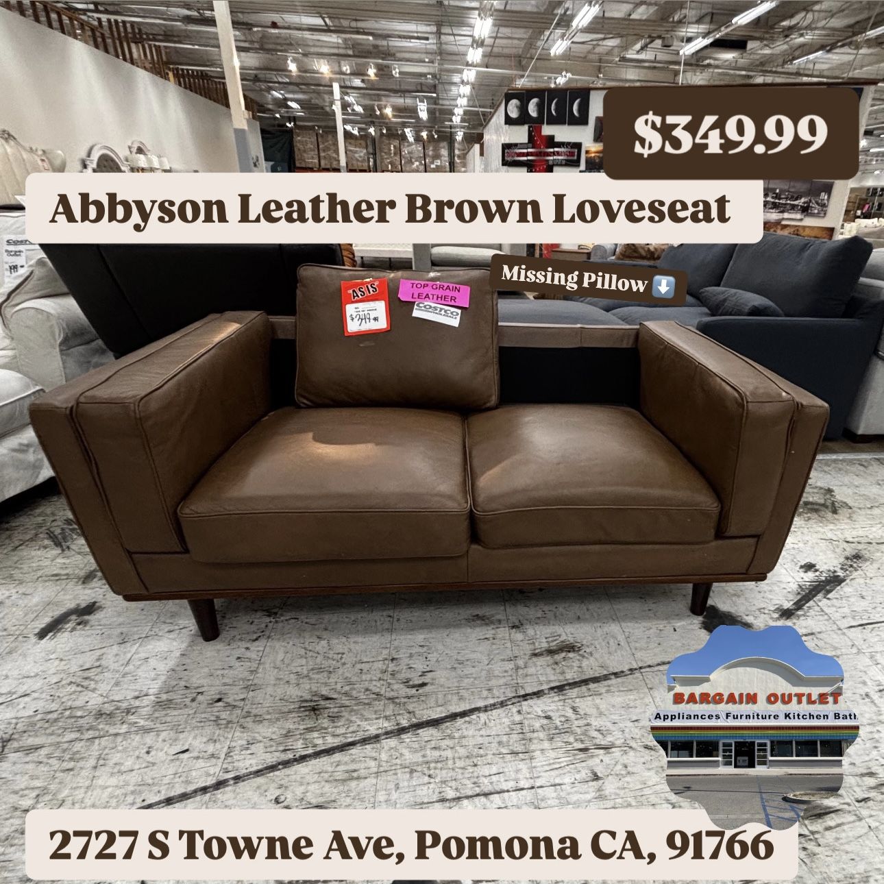 Abbyson Leather Brown Sofa (Missing Pillow!!) Open Box 