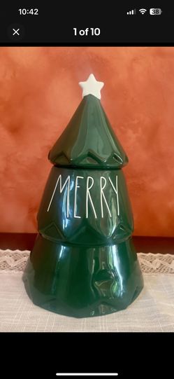 Rae Dunn by Magenta MERRY Green Christmas Tree Canister Cookie Jar