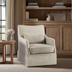 Martha Stewart London Swivel Chair - Solid Wood & Plywood, Skirted Metal Base Accent Armchair