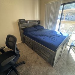 Solid Wood Bed Frame With Storage Cabinet And Mattress 