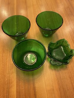 Green Glass Collection 3 Bowls And 1 Candy Dish