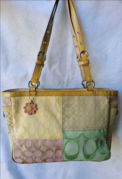 Rare Coach Spring Y2K  Signature Multi Pastel Patchwork Medium Tote Bag Purse