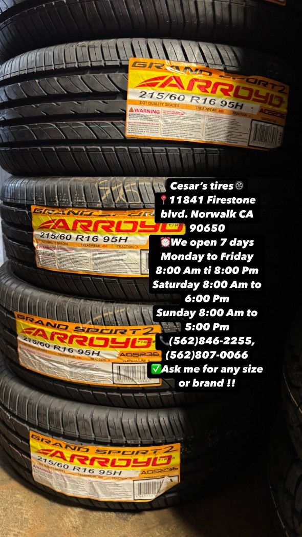 215/60R16 ARROYO A SET OF FOUR NEW TIRES, INCLUDES MOUNTING AND BALANCING WITH WARRANTY, ASK ME FOR ANY SIZE OR BRAND, WE HAVE THE BEST PRICES!!