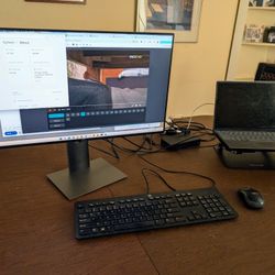 Dell Inspiron 5310 laptop notebook+desktop setup: monitor, riser stand, docking station, keyboard, mouse