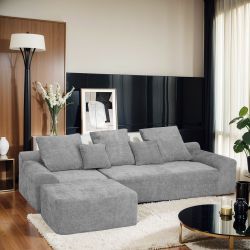 111.2 Modern L-Shaped Sectional Sofa – Modular Velvet Couch with Adjustable Configurations, Soft Melange chenille Fabric in GREY, Stylish & Comfortabl