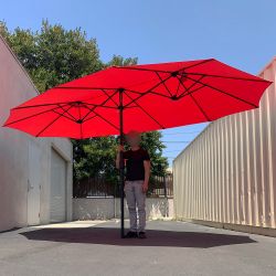 New in Box $95 Large 15 FT Double Sided Umbrella Outdoor Patio, Gray/Red color (Weight base not included)