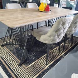 5 PIECE DINING TABLE COMPOSIT WOOD TOP BEIGE GRAY CHAIR FABRIC 80x38x30