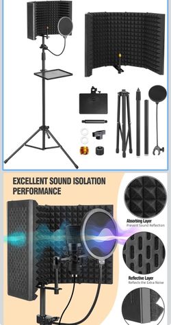 Microphone Isolation Shield, Foam Protection with Pop Filter, Tripod Stand, Foldable Design