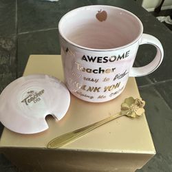 Pink Marble Ceramic Teacher Appreciation Gift Set (Mug, Lid, & Flower Spoon) NEW