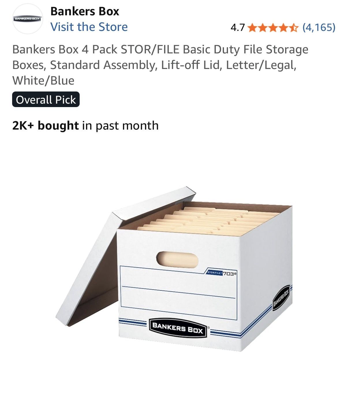 Bankers Box 4 Pack STOR/FILE Basic Duty File Storage Boxes, Standard Assembly, Lift-off Lid, Letter/Legal, White/Blue
