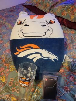 Denver Broncos Squishmallow Plush Pillow, glass and necklace.