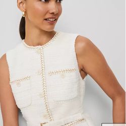 NEW - Ann Taylor White Tweed Belted Vest with gold Embroidery- Size 8