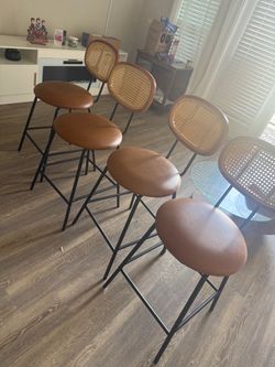 Rattan faux leather brown bar stools