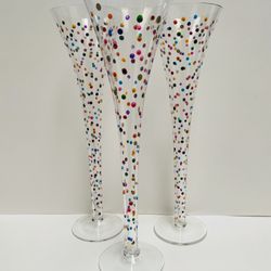 Set of 3 Champagne Flutes With Hand Painted Polka Dots