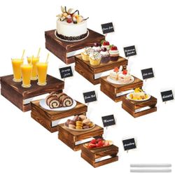 8 Pcs Buffet WOOD Risers with Mini Signs