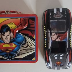 DC COMICS-Superman Lot Of 4; 2000 Tin Lunch Box / Racing Car Tin Pencils  Holder / 4" Action Figure / Frisbee