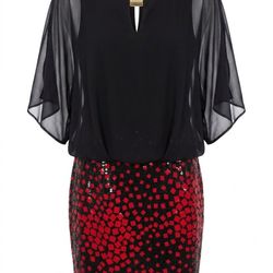 Polyester dress, Chelsea Suite, black top with red geometric block print skirt, 