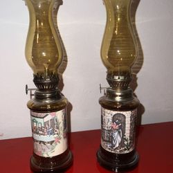 Paid Of Gorgeous Vintage Amber Glass Oil Lamps 