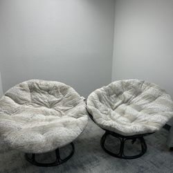 Two Pier 1 Papasan Chairs With Fur Cushions & Bases