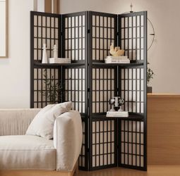 4-Panel Shoji Room Divider with Shelves - Black