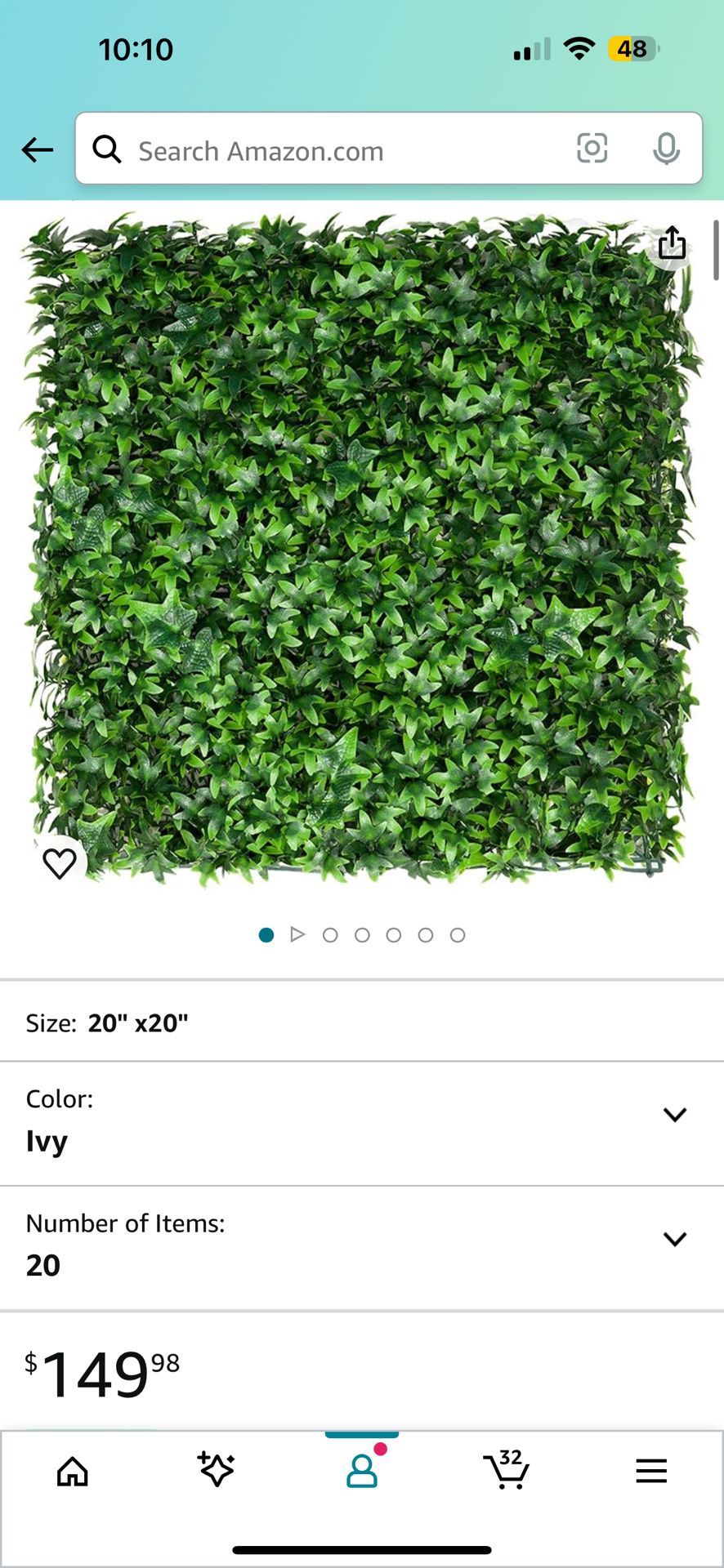 20" x 20" Artificial Boxwood Hedge Ivy Fence Privacy Screen Greenery