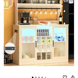 Sideboard Hutch Coffee Bar With LED Lights And Outlets