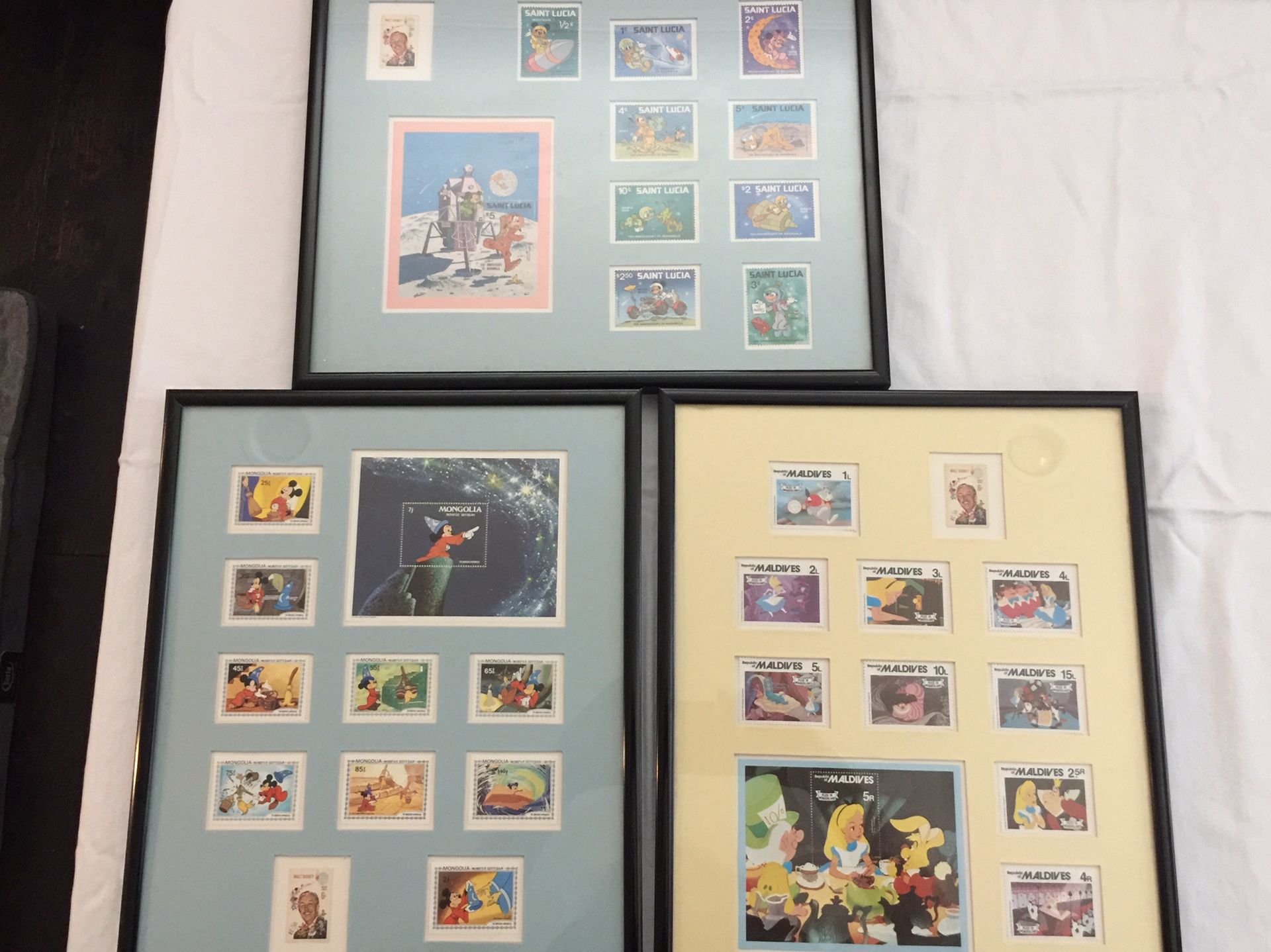 Disney Stamps framed Alice in wonderland, Mickey Mouse, Goofy Lot of 3