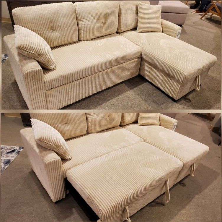 Beige corduroy sectional pull out sofa bed sleeper sofa Right hand facing chaise