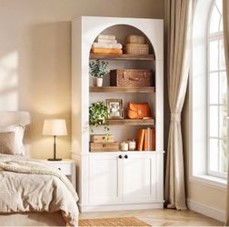 new assembled 71'' Tall Bookcase with Doors, 6-Tier Modern Arched Bookshelf, Freestanding Wooden Storage Cabinet Book Shelves Case for Bedroom, Librar