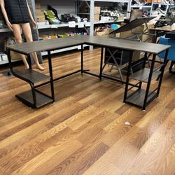 59”L X 55”L Wooden L-Shaped Desk With Shelves 