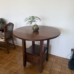 Solid Wood Drop-Leaf Table with Drawer & Storage Shelf