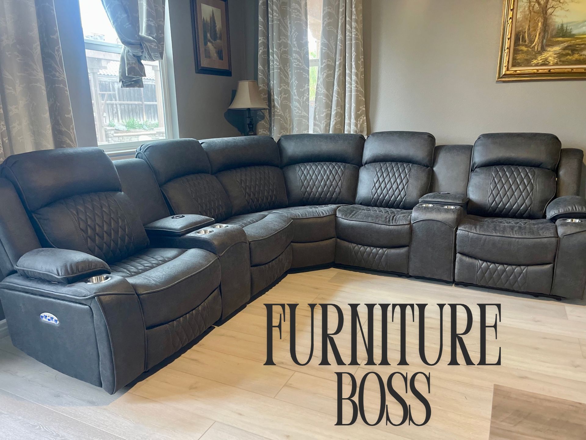 Dark Grey Sectional Sofa With 4 Power Recliner Chairs