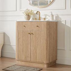 30 Inch Bathroom Vanity with Sink, Modern Fluted Single Bathroom Vanity with Sink with Storage Cabinet, Adjustable Shelf, Natural Oak