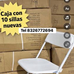 Commercial folding chairs, box of 10 new black and white Tego chairs